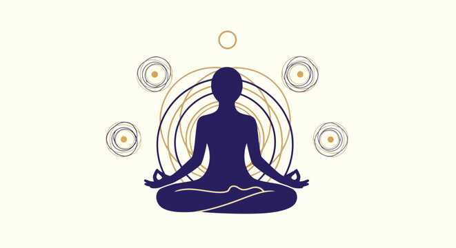 Meditating person silhouette with spiritual energy circles.