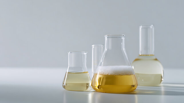 Laboratory glassware with various liquid solutions, showcasing scientific research, chemical development, and cosmetic or pharmaceutical testing processes