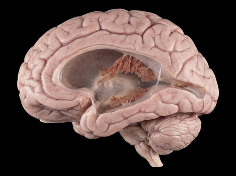 Detailed anatomical sagittal section of a human brain, revealing cerebrum, cerebellum, brainstem, ventricles, and choroid plexus on a black background.