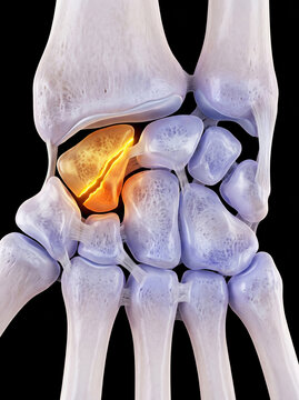 3D rendering of human wrist anatomy with carpal bones and ligaments, highlighting a painful scaphoid bone on a black background.