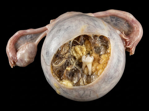 Ovarian dermoid cyst pathology specimen, opened to reveal hair, fatty tissue, a tooth, and attached fallopian tubes, on a black background.