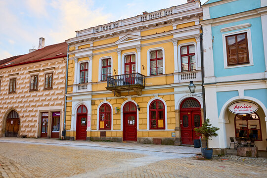 Historic european architecture in colorful cobblestone street scene. March 20, 2026, Telc, Czech Republic
