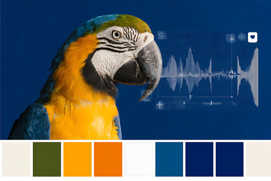 Blue and yellow Macaw parrot profile with digital audio sound wave spectrogram analyzing avian vocalization frequencies and color palette for bioacoustic research