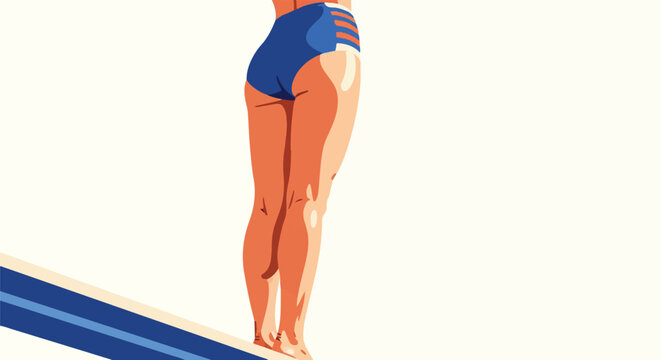 Cropped Retro Vector Illustration of Woman in Blue High Waisted Swimsuit Standing on Diving Board in Summer