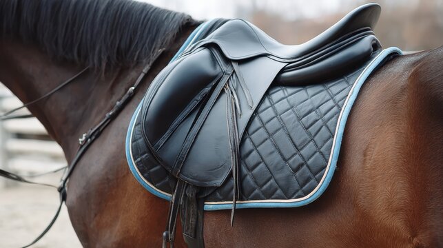 Black leather English saddle on bay horse with quilted saddle pad closeup