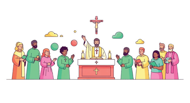 Christian Mass Celebration with Priest and Congregation.