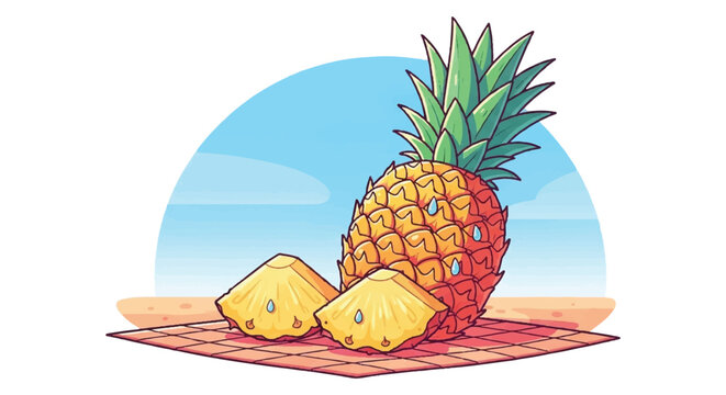 Whole pineapple and slices on a picnic blanket with beach background.