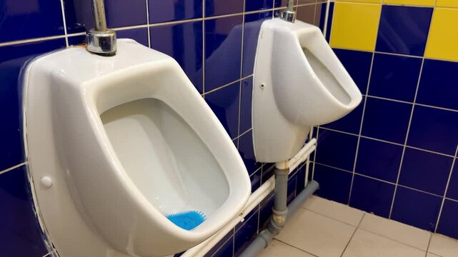 Public men's restroom white urinals blue yellow tiles, bright lighting, ceramic fixtures, blue deodorizer blocks in bowls