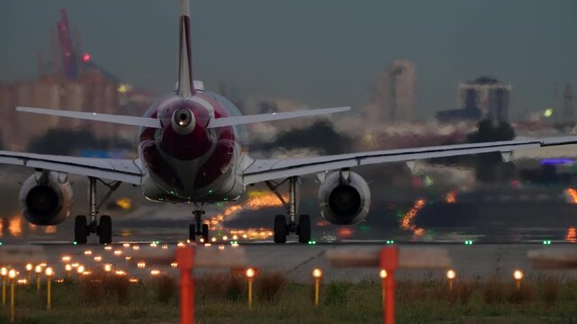 Red-livery commercial aircraft rolls along runway at night, intense heat shimmer distorting the scene as glowing runway lights create vivid bokeh patterns on wet tarmac.