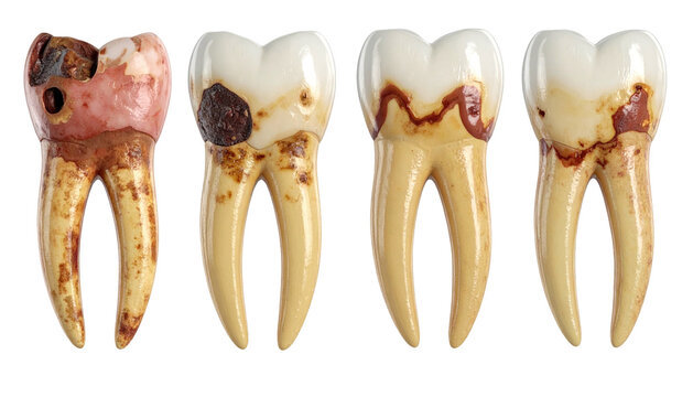 Four realistic illustrations of teeth, each depicting progressive stages of decay and damage, set against a solid black background