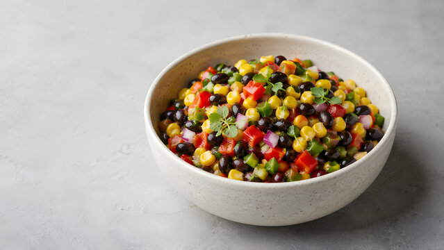 Vibrant corn and black bean salsa composition showcases layered textures in minimalist ceramic bowl arrangement