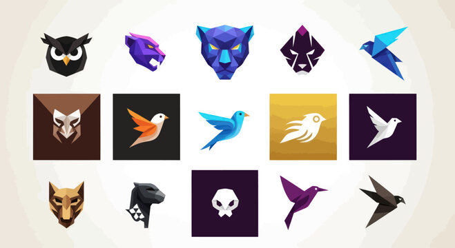Geometric Animal Icons: Owl, Panther, Birds, Tiger, Cat, Skull - Polygonal Art Style
