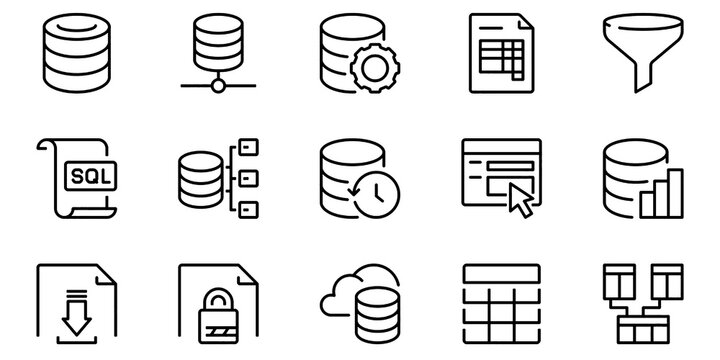 Database Thin Line Icon Set, Editable Stroke Data Storage and Server Vector Illustration Collection with Transparent Background