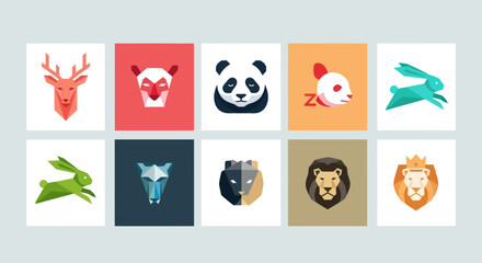 Fototapeta premium Geometric Animal Icons Set: Deer, Panda, Lion, Rabbit, Fox, Wolf