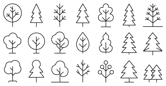 Tree Icons Collection: A variety of stylized tree icons in a linear graphic design. graphic symbol, forest outline, plant design, nature icon.
