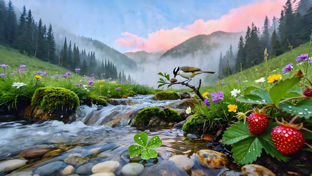 Spring Mountain Stream with Wild Strawberries and Bird - Nature Illustration