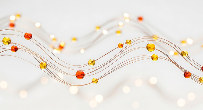 Minimalist Abstract Study of Flowing Copper Wires and Amber Glass Beads on a Clean White Background with Soft Bokeh Elegant Design Concept for Luxury Brand Identity