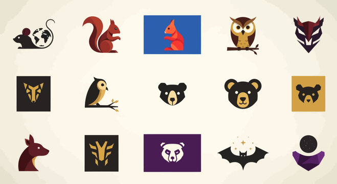 Animal Icons Collection: Squirrel, Owl, Bear, Mouse, Deer, Bat, Panda Logos