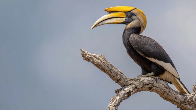 Great hornbill perched on bare branch against gray sky, photorealistic digital art