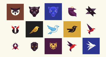Fototapeta premium Low Poly Animal and Bird Icons Set - Geometric Shapes, Modern Design