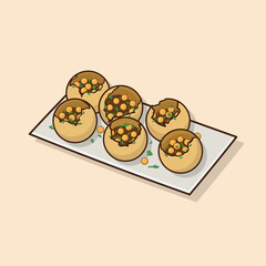 Flat cartoon illustration of Indian snack food pani puri on brown background © R3D Studio
