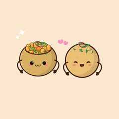Flat cartoon illustration of cute Indian snack food pani puri on brown background © R3D Studio