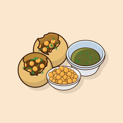 Flat cartoon illustration of Indian snack food pani puri with sauce on brown background © R3D Studio