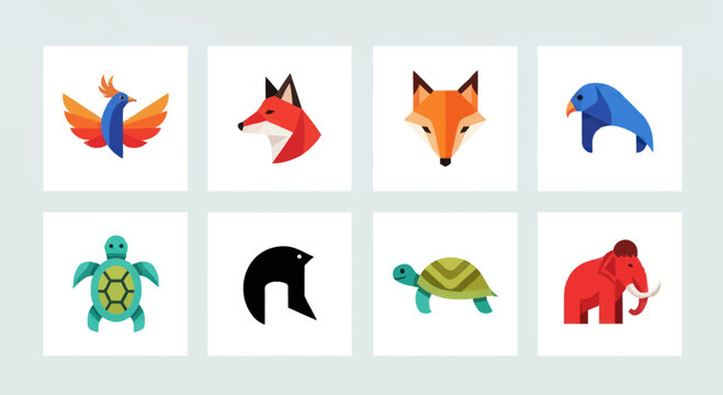 Geometric Animal Icons Set: Fox, Elephant, Bird, Turtle, Phoenix