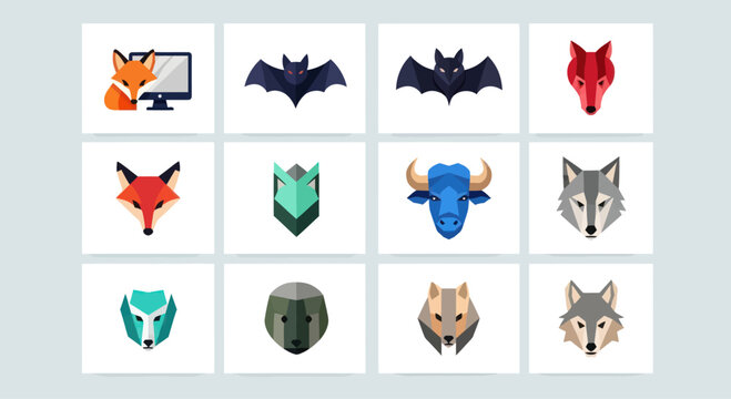 Geometric Animal Icons Set: Fox, Bat, Wolf, Bison, Badger - Low Poly Style