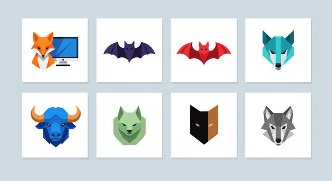Geometric Animal Icons Set: Fox, Wolf, Bat, Bull, and More