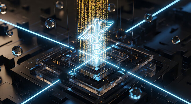 Glowing Blue Caduceus on Digital Circuit Board with Binary Data Representing HIPAA Compliance Medical Privacy and Secure Healthcare Data Protection