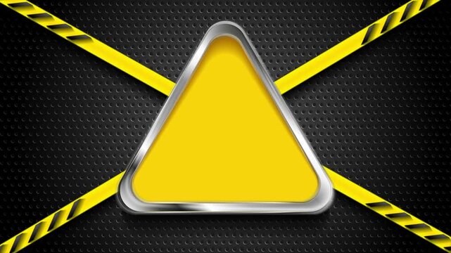 Abstract industrial background with blank metallic triangle sign and yellow hazard warning tapes on dark perforated steel texture. Concept danger motion design. Video animation Ultra HD 4K 3840x2160