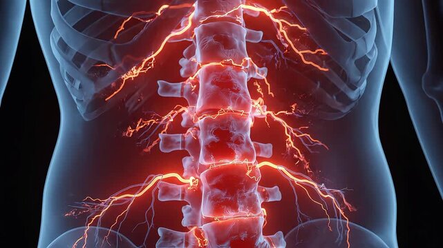 Human spine with glowing red nerves and vertebrae showing pain and inflammation in a cinematic 4k medical animation sequence