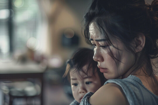 exhausted asian mother with small baby crying at home, stress and overwhelm, postpartum depression concept