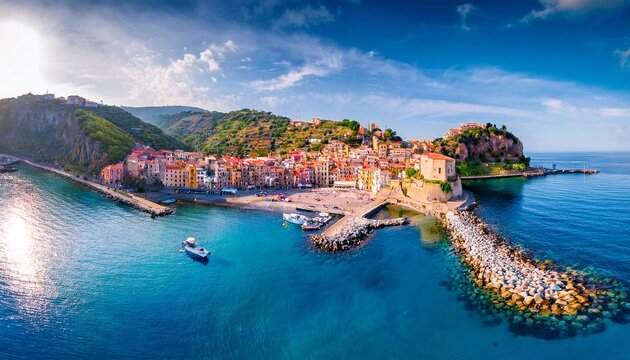 picturesque summer view from flying drone of reggio calabria italy europe sunny morning cityscape of scilla port amazing seascape of mediterranean sea traveling concept background
