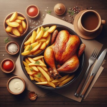 A plate with roasted chicken and potatoes fries and sauce concept food dinner grilled meat