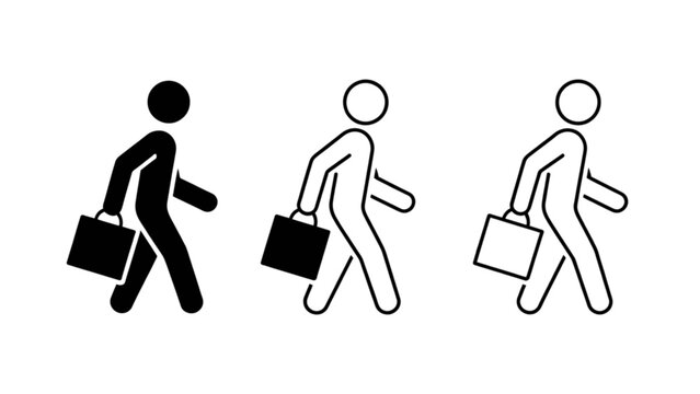Three people walking in a row black line icons set isolated on white Vector
