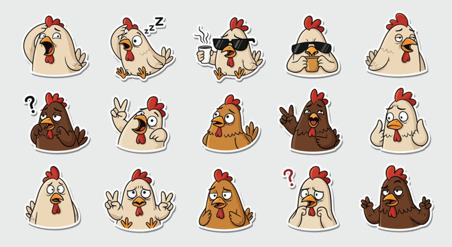 Funny Chicken Emoticons Set: Expressive Birds with Different Emotions and Actions