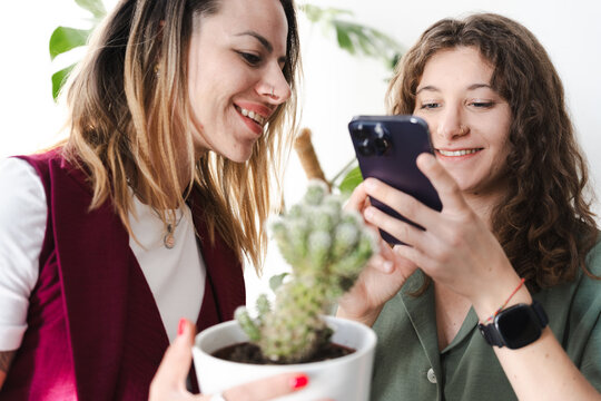 Two women smile while looking at a smartphone, one holding a potted cactus.