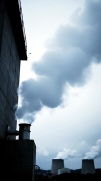 Industrial smokestacks and dramatic clouds at dusk