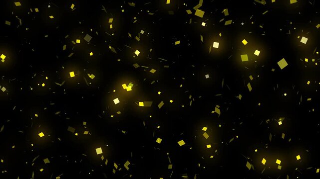 Golden paper squares falling slowly on black background, perfect for cinematic vfx, seamless loop luxury footage visuals
