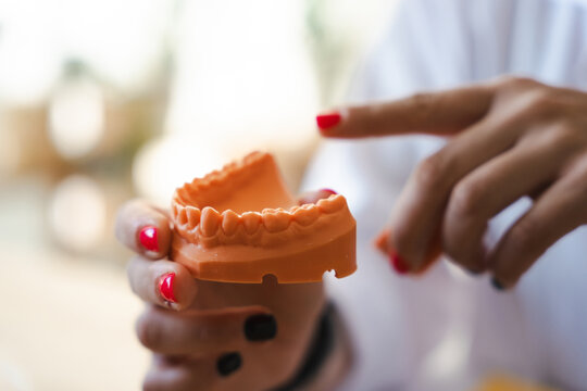 A person holds an orange dental model of teeth, demonstrating a dental procedure or consultation.