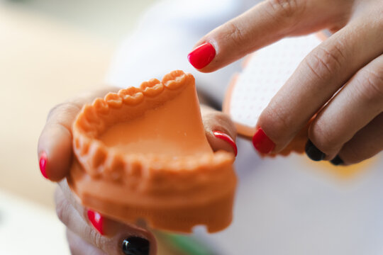 A person's hands hold an orange dental model, with a finger pointing to the teeth. This image represents dental care and prosthetics.