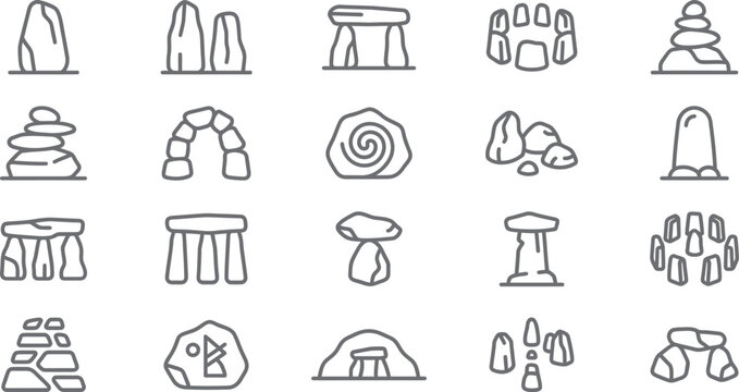 Stone monuments icons set representing ancient historical sites and prehistoric megalithic structures in simple outline style