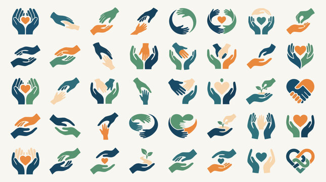 Vector Icons Collection of stylized hand icons representing care support and unity. EPS Editable
