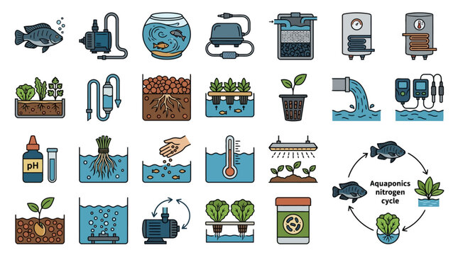 Vector Icons Set of aquaponics icons and nitrogen cycle diagram illustration. EPS Editable