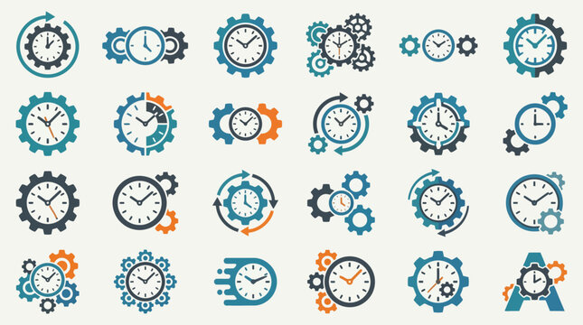 Vector Icons Set of clock and gear icons for time management and efficiency. EPS Editable