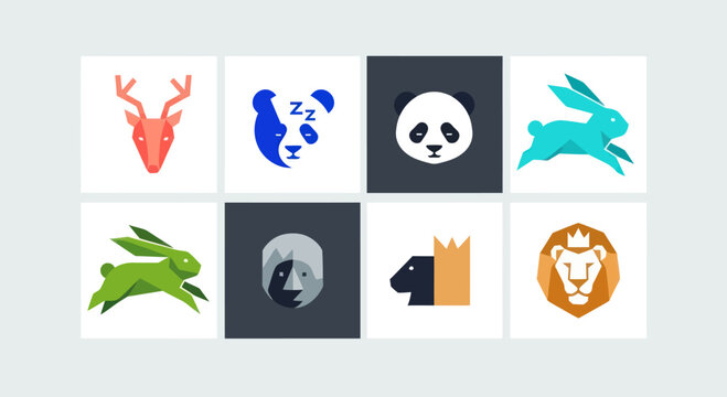 Modern Animal Logo Icons Set: Deer, Panda, Rabbit, Lion, Wolf, King