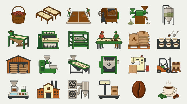 Vector Icons Set of coffee production process icons and machinery. EPS Editable