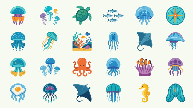Vector Icons Set of colorful underwater marine life icons featuring jellyfish and sea creatures. EPS Editable